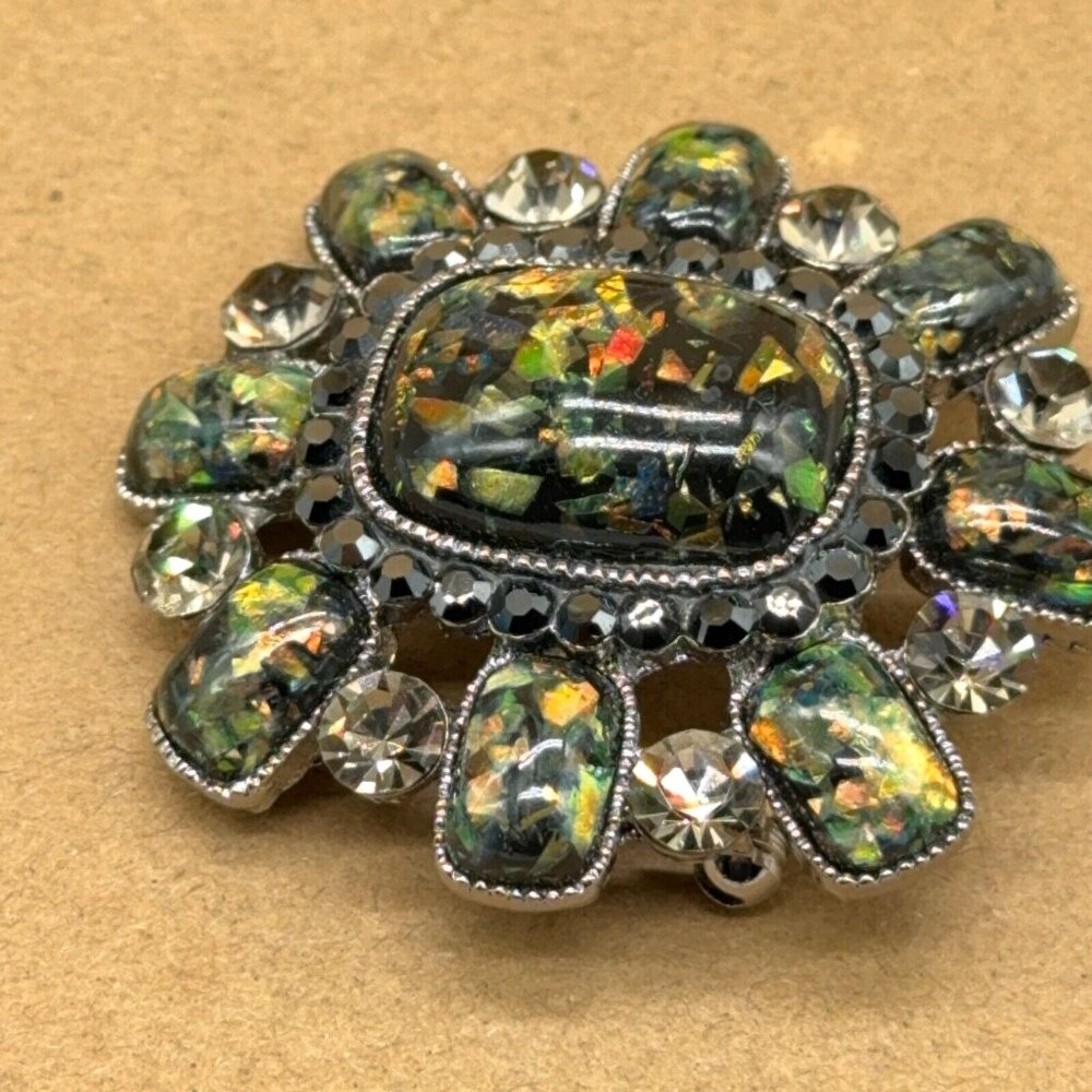 SNK Confetti Brooch Silver Tone Metallic Iridescent Green Gold Smoky Faceted 2" - Picture 5 of 8